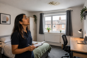HMO property inspection showing a property manager checking mould on the ceiling of a tenant bedroom.