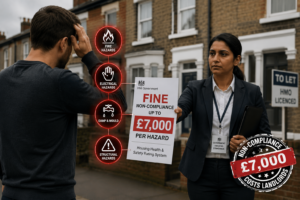 UK landlord receiving a £7,000 fine for HMO property non-compliance and housing safety hazards.