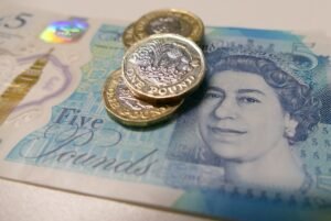Image of British money in notes and coins close up.